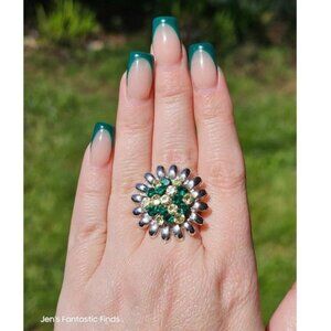 Emerald Diamond Rhinestone Flower Starburst Ring Adjustable